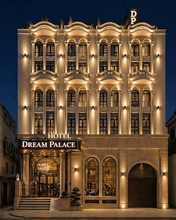 Mặt tiền Dream Palace Hotel được thắp sáng về đêm